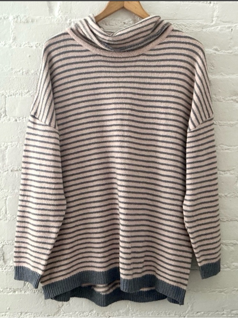 Womens Oversized Pink & Gray Striped Tunic Cowl Neck Sweater Boho Casual Size L